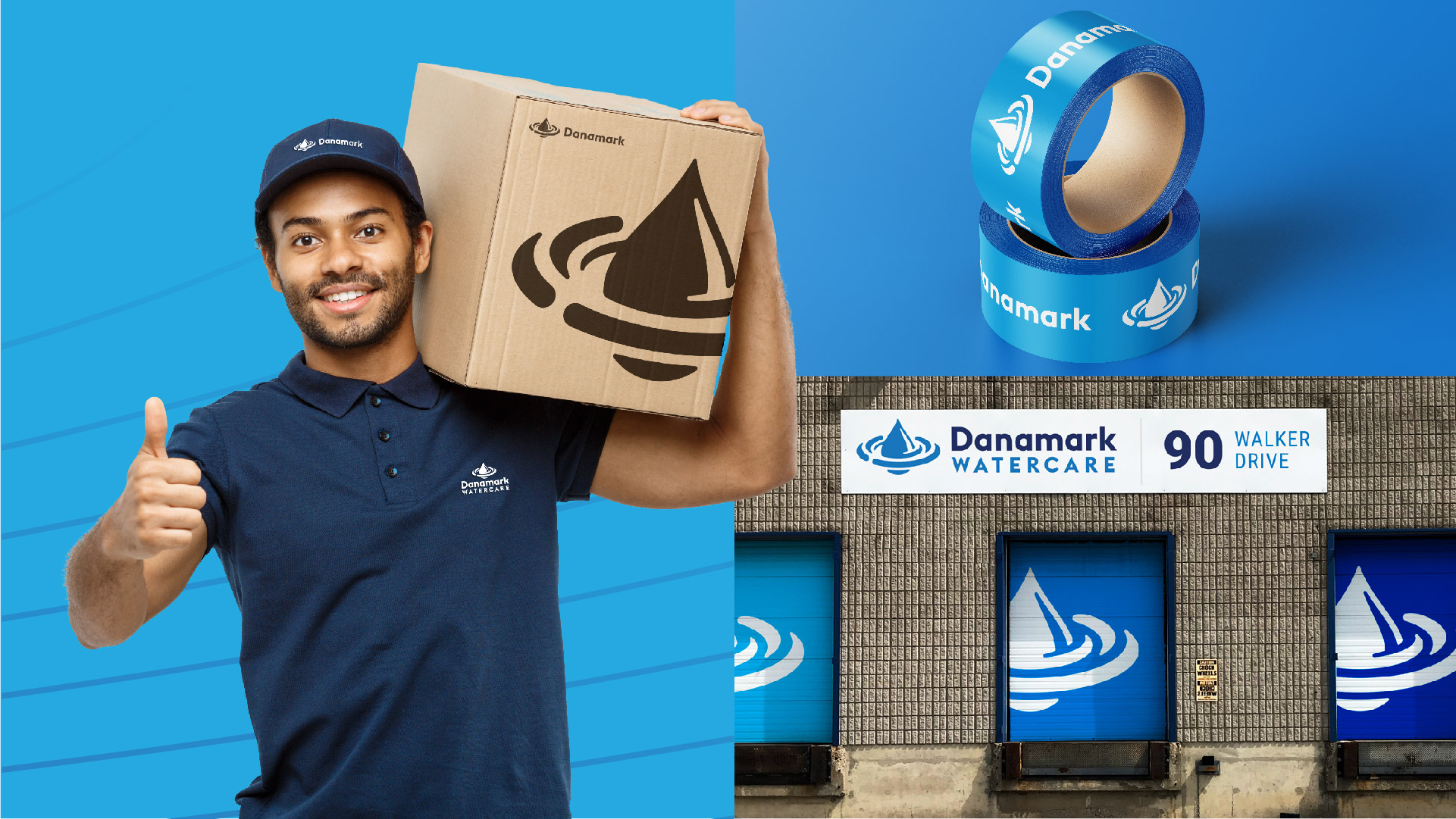 danamark watercare employee uniform packing box and tape as well as shipping and receiving signage