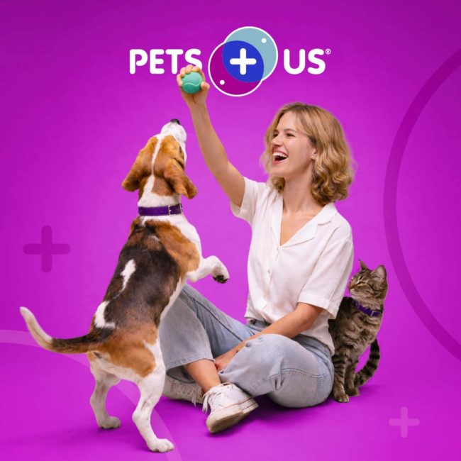 Pets Plus Us case study card with woman, cat, and dog on a studio background
